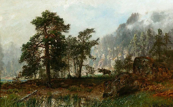 Moose in a Pine Forest by Water 1890 By Morten Muller
