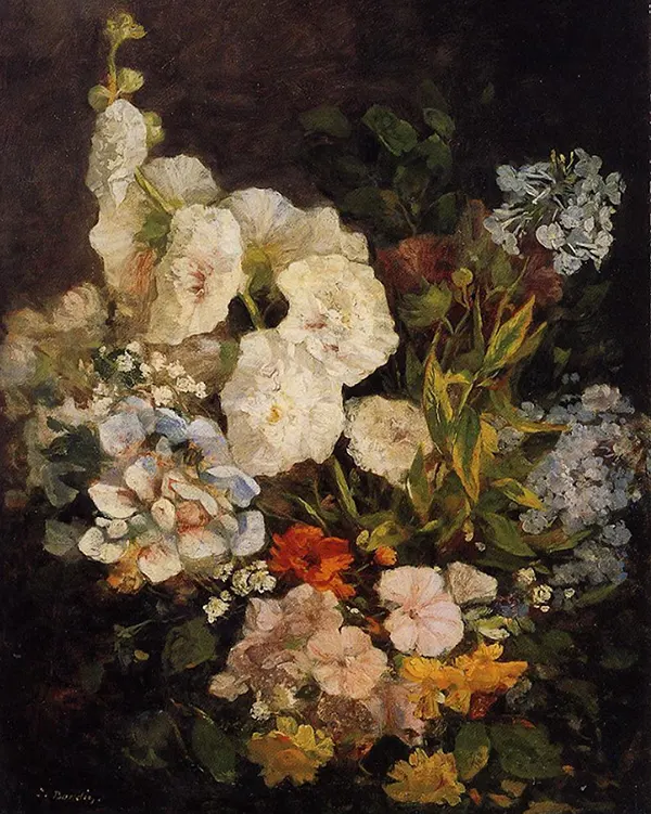 Spray of Flowers Hollyhocks 1858 By Eugene Boudin