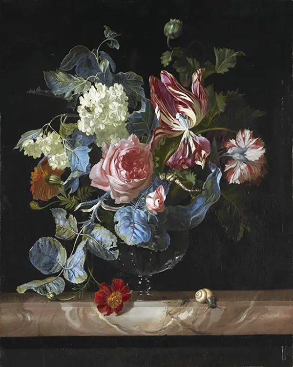 Flowers in a Glass Vase on a Marble Ledge By Willem van Aelst