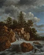 A Wooded Landscape with a Waterfall By Jacob van Ruisdael