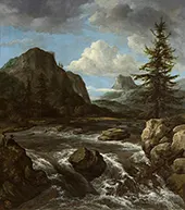 Rocky Landscape with a Waterfall By Jacob van Ruisdael