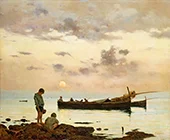 Marina with Fishing Boat and Boys By Francesco Lojacono