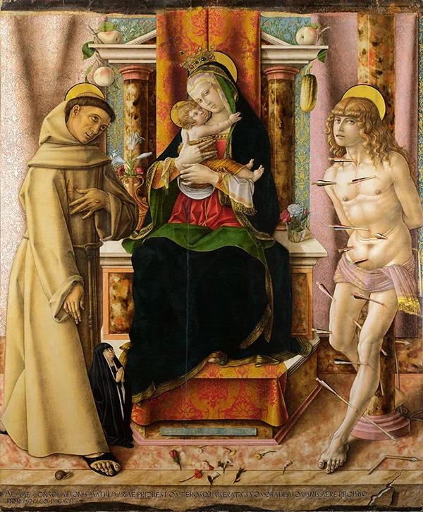 The Virgin and Child with Saints Francis and Sebastian 1491 By Carlo Crivelli