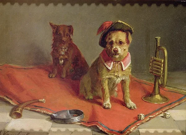 Dog in Military Hat and Collar with Trumpet and Dice By Charles van den Eycken