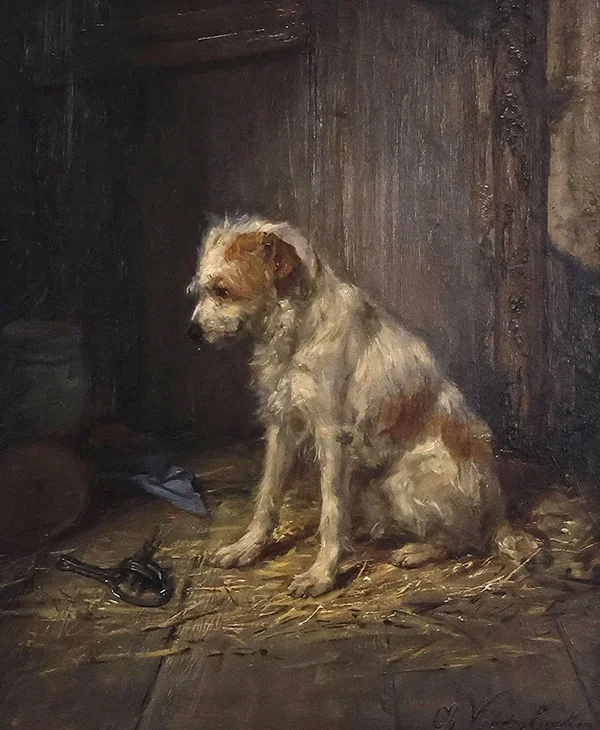 Seated Dog with Mouse Trap By Charles van den Eycken