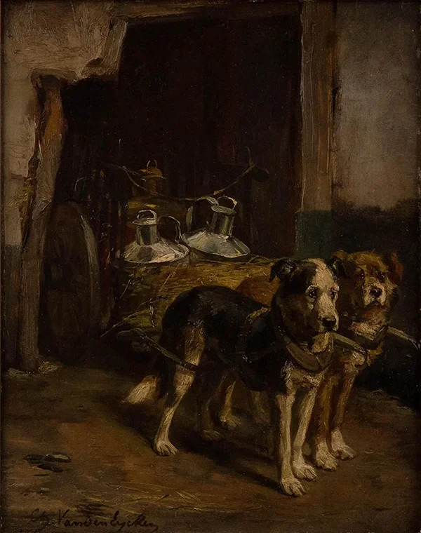 Two Dogs Pulling a Cart By Charles van den Eycken