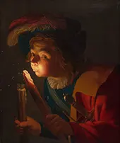 A Boy Blowing on a Firebrand By Gerard van Honthorst