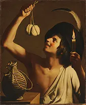 A Young Man Holding a Burning Candle and a Scamorza Cheese By Gerard van Honthorst
