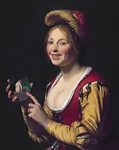 Smiling Girl Holding an Obscene Image By Gerard van Honthorst