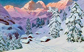 Snow Covered Houses and Trees By Alois Arnegger