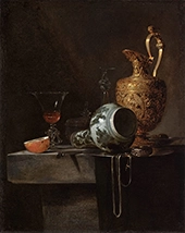 Still Life with a Porcelain Vase Silver Gilt Ewer and Glasses By Willem Kalf