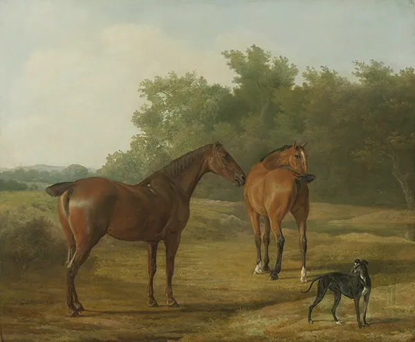 Two Horses and a Greyhound in a Landscape By Jacques-Laurent Agasse