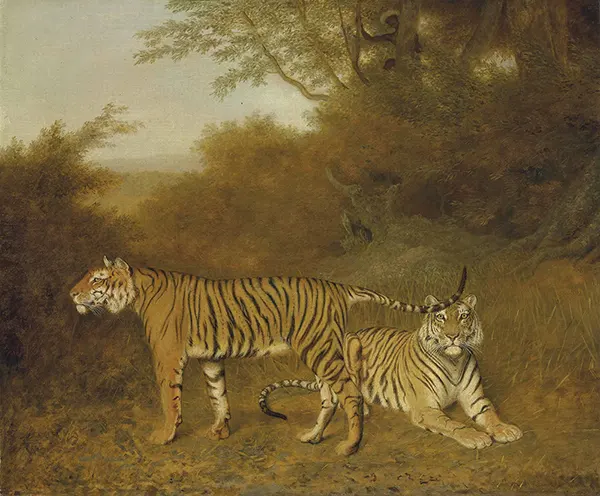 Two Bengal Tigers in an Savannah Landscape with a Man in a Tree By Jacques-Laurent Agasse