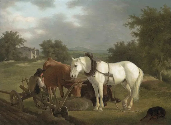 A Rural Landscape with a Ploughman Resting with his Grey Horse Cattle and Dog By Jacques-Laurent Agasse
