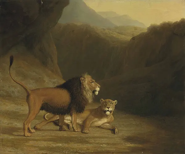 A Lion and a Lioness in a Rocky Valley By Jacques-Laurent Agasse