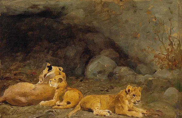 A Lioness and Her Cubs By Wilhelm Kuhnert