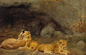 A Lioness and Her Cubs By Wilhelm Kuhnert