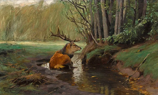Deer in the Wallow By Wilhelm Kuhnert