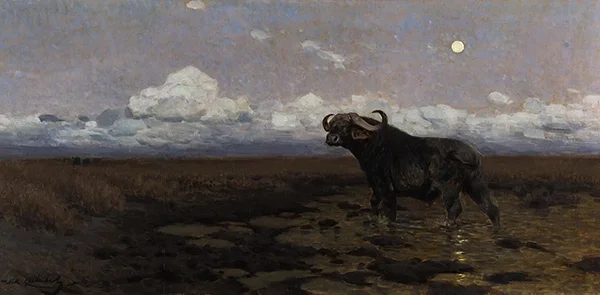 In the Marsh a Cape Buffalo By Wilhelm Kuhnert