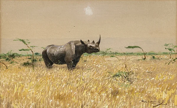 Rhinoceros in the Steppe By Wilhelm Kuhnert