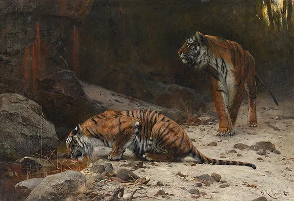 Tiger at a Watering Hole By Wilhelm Kuhnert