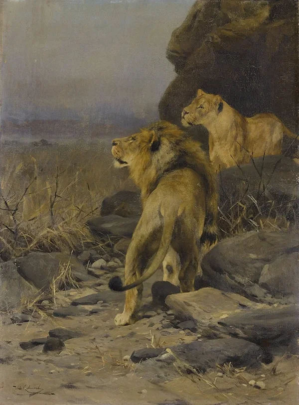 Two Lions at Watch c1917 By Wilhelm Kuhnert