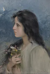 Night Portrait Girl with Flowers By Joan Brull