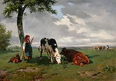 Shepherdess and Two Cows in a Meadow By Rosa Bonheur