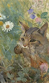 A Cat with a Young in its Mouth 1885 By Bruno Liljefors