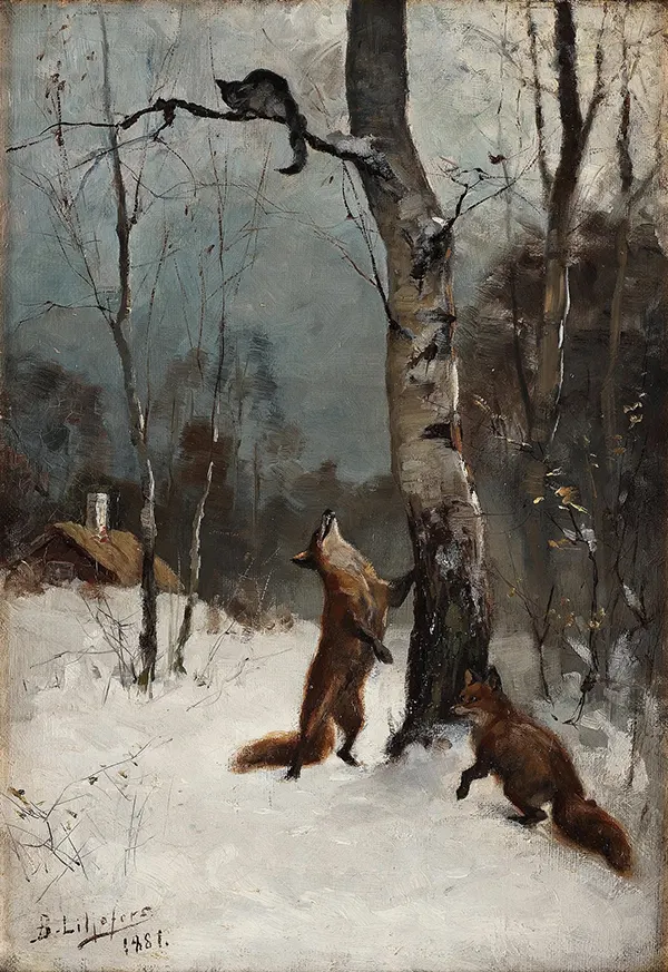 Foxes and a Cat Winter Landscape 1881 By Bruno Liljefors