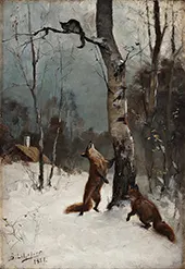 Foxes and a Cat Winter Landscape 1881 By Bruno Liljefors
