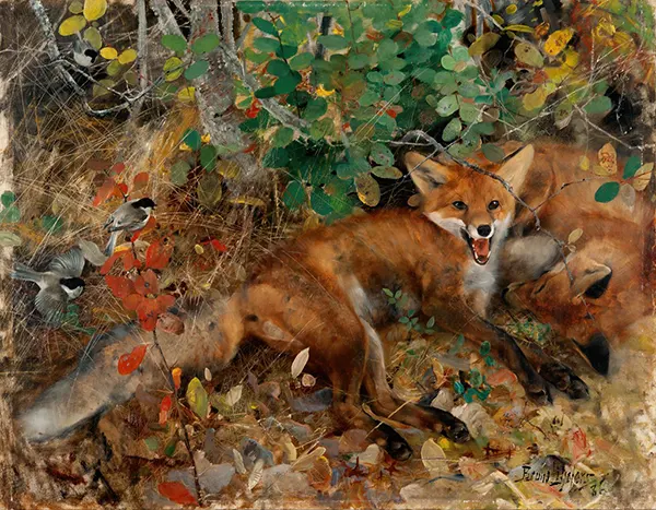 Fox in Forest Landscape By Bruno Liljefors