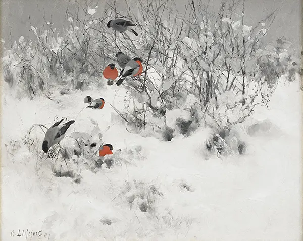Winter Landscape with Bullfinches 1891 By Bruno Liljefors