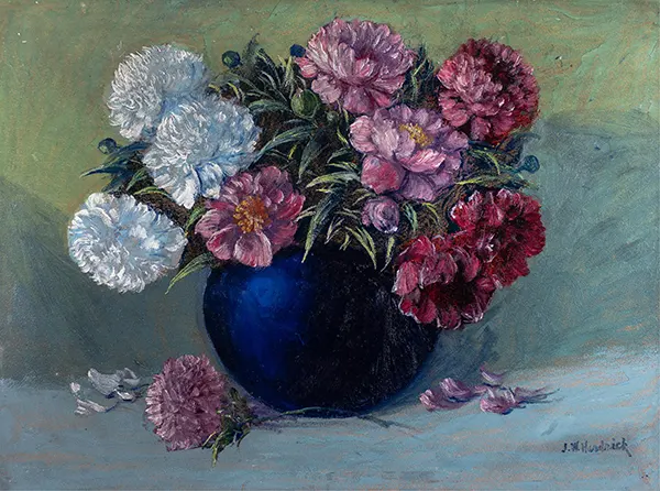 Peonies in a Blue Vase c1940 By John Wesley Hardrick