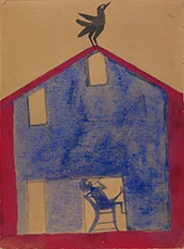Man in Blue House with Rooster By Bill Traylor