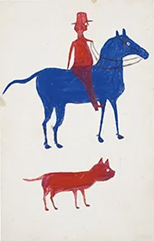 Red Man on Blue Horse with Dog By Bill Traylor
