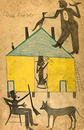 Yellow and Blue House with Figures and Dog 1939 By Bill Traylor
