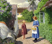 Lilacs in Bloom and Little Girls in the Village Street 1922 By Hans Andersen Brendekilde