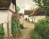 Summer Day in a Village Street with Sunflowers and Red Hollyhocks By Hans Andersen Brendekilde