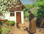 The Chickens are Fed in front of the Whitewashed Farmhouse on a Summer Day By Hans Andersen Brendekilde