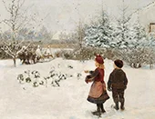 Two Children Feeding Birds in the Snow By Hans Andersen Brendekilde