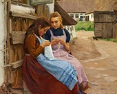 Two Girls with Needlework Sitting in a Courtyard 1902 By Hans Andersen Brendekilde