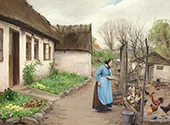 Woman Feeding Chickens in front of a Whitewashed Farmhouse on an Autumn Day By Hans Andersen Brendekilde