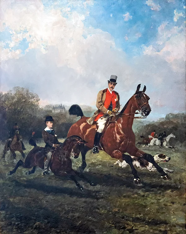 Count Geoffroy de Rouille Hunting with Hounds his Son at his Side By Rene Princeteau