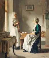 Interior with Two Women Folding Sheets By Claude Joseph Bail