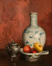 Still Life Apples in a Porcelain Dish a Blue and White Vase and a Silver Sugar Bowl By Claude Joseph Bail