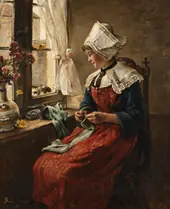 Young Girl Sewing Near a Window By Claude Joseph Bail