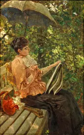Young Lady with Sketchpad and Pencil on a Bench By Wilhelm Amberg