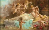 A Reclining Young Lady With Putti By Hans Zatzka