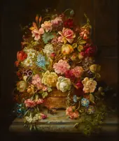A Still Life of Flowers Butterflies and a Bird in a Jardiniere Resting on a Marble Ledge By Hans Zatzka